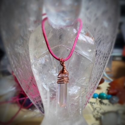 bronze wire-wrapped pink crystal necklace